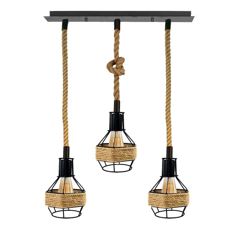 Vintage Industrial E27 3 Head Hemp Rope Pendant Ceiling Light Retro Decor~2230-2