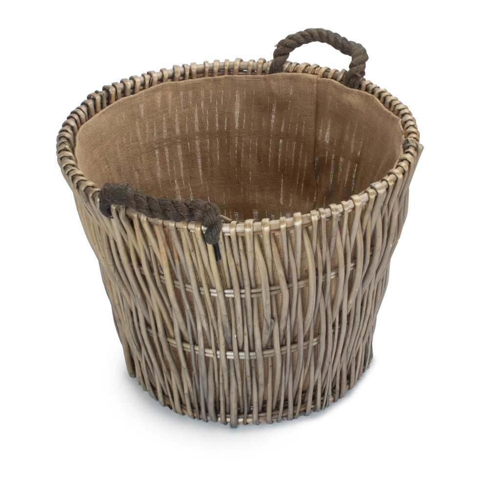 Round Grey Hessian Lined Wicker Log Basket-1