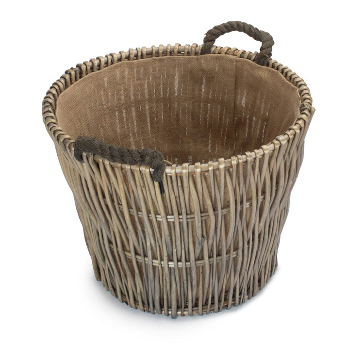 Round Grey Hessian Lined Wicker Log Basket-1