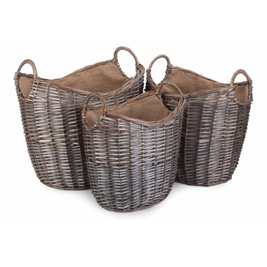 Scoop Neck Antique Wash Hessian Lined Wicker Log Basket-0