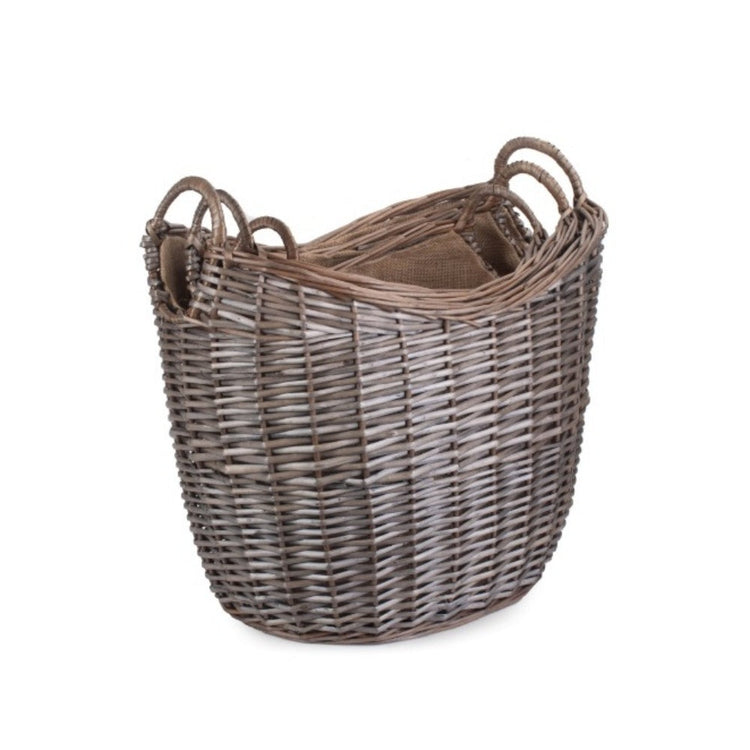 Scoop Neck Antique Wash Hessian Lined Wicker Log Basket-1