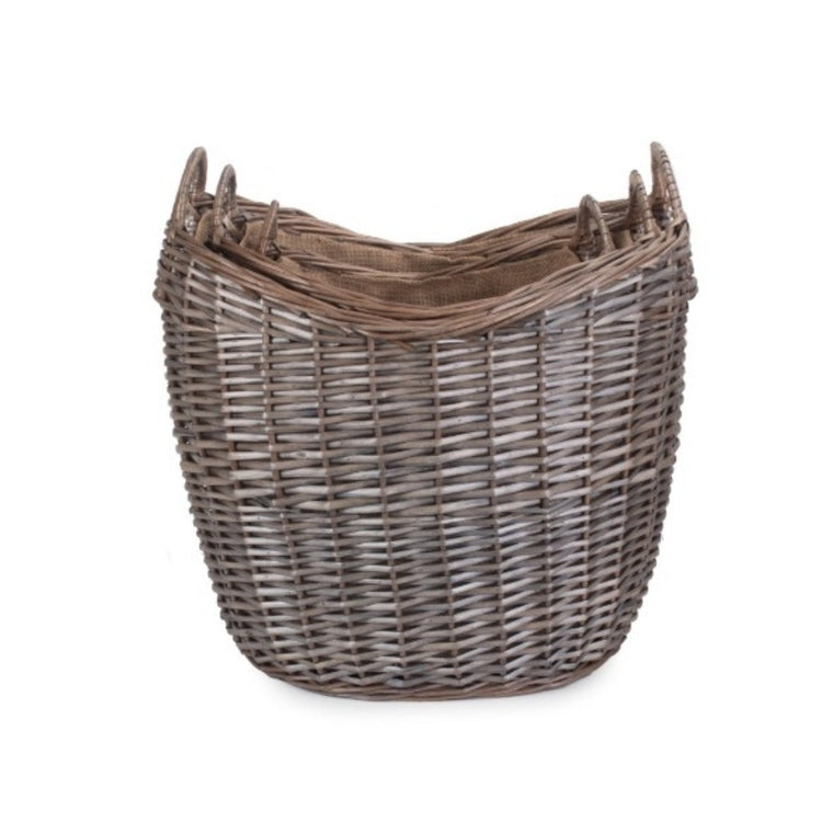 Scoop Neck Antique Wash Hessian Lined Wicker Log Basket-2