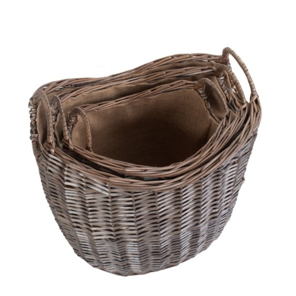 Scoop Neck Antique Wash Hessian Lined Wicker Log Basket-3