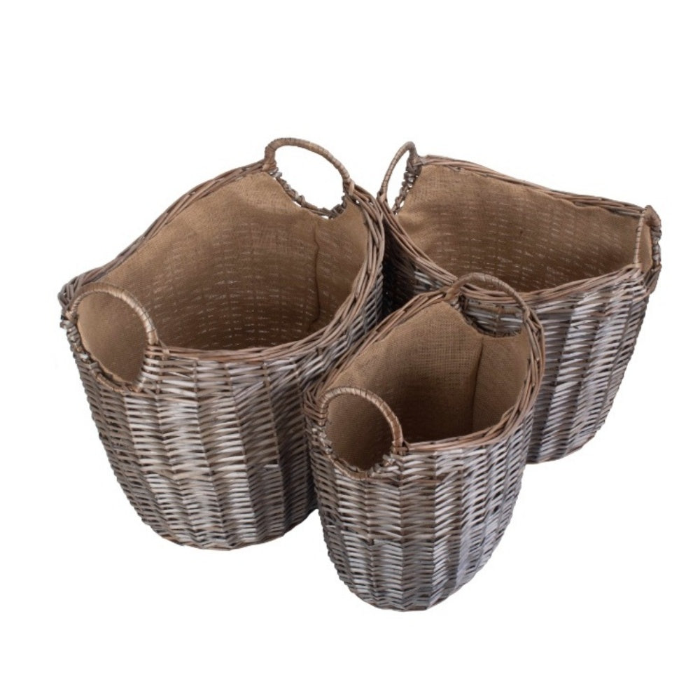 Scoop Neck Antique Wash Hessian Lined Wicker Log Basket-4