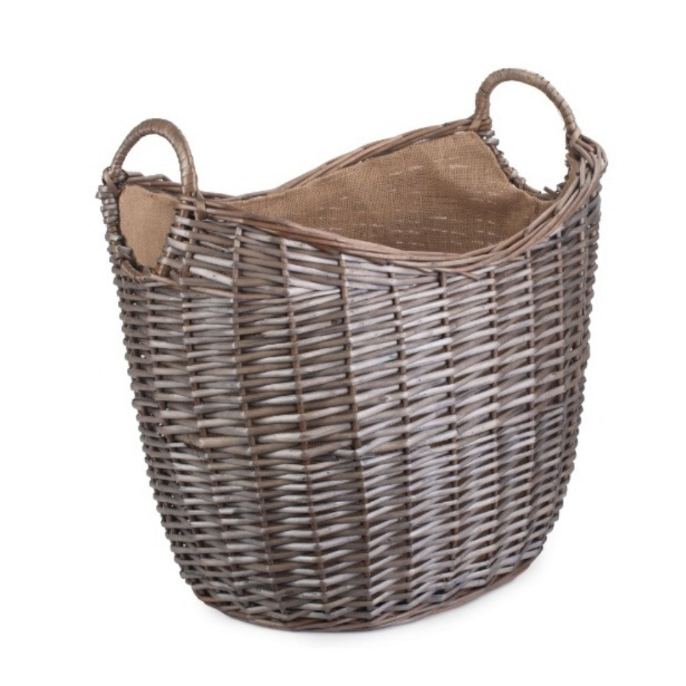 Scoop Neck Antique Wash Hessian Lined Wicker Log Basket-6