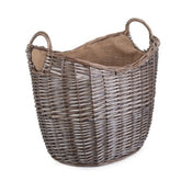 Scoop Neck Antique Wash Hessian Lined Wicker Log Basket-6
