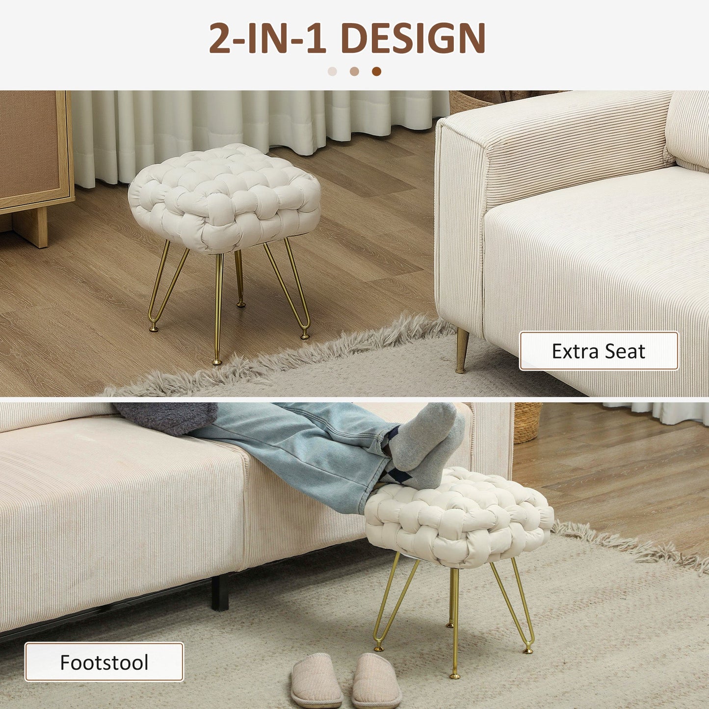 Velvet-Feel Bold Woven Footstool - Cream White-4