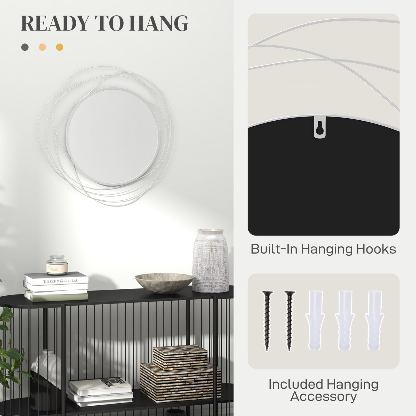 Abstract Metal Wire Wall Mirror, with Accessories - Silver-4