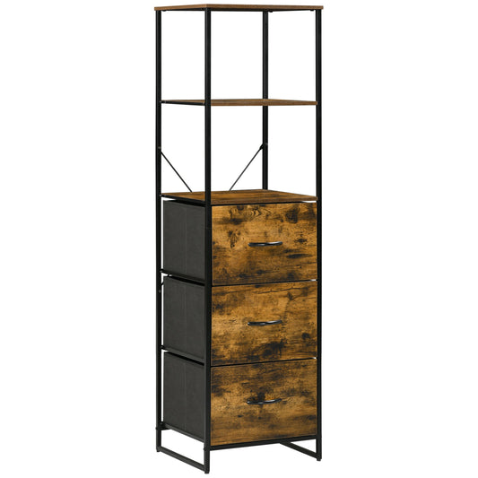 Industrial Tall Bookcase w/ 2 Open Shelves and 3 Foldable Fabric Drawers, Multifunctional Storage Cabinet in Living Room, Study, Rustic Brown-0