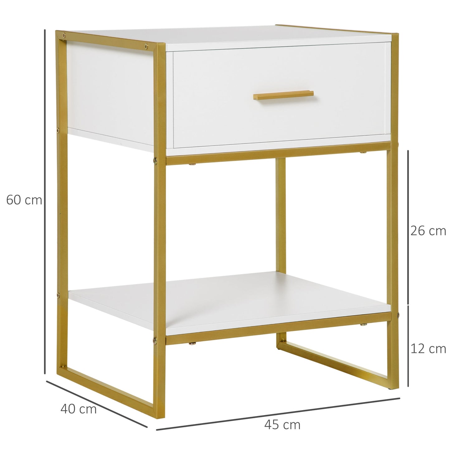 Modern Bedside Table with Drawer and Shelf - White and Gold-2