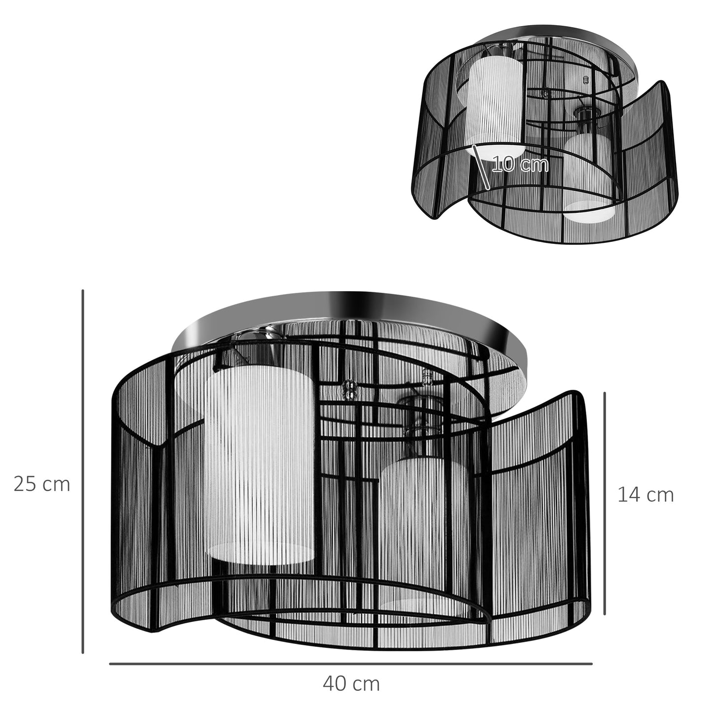 Metal Ceiling Light Chandelier, ?40x25H cm, Chrome/Fabric-Black-2