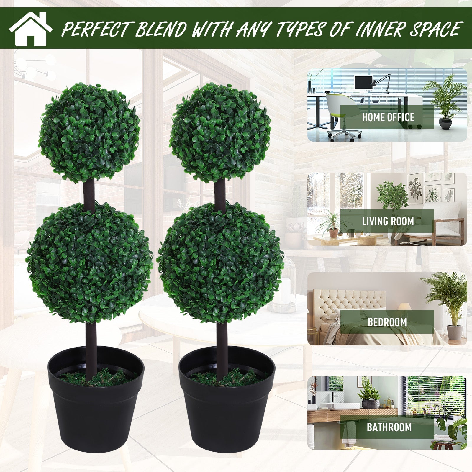 Set of 2 Artificial Boxwood Topiary Trees - Low Maintenance Greenery-4