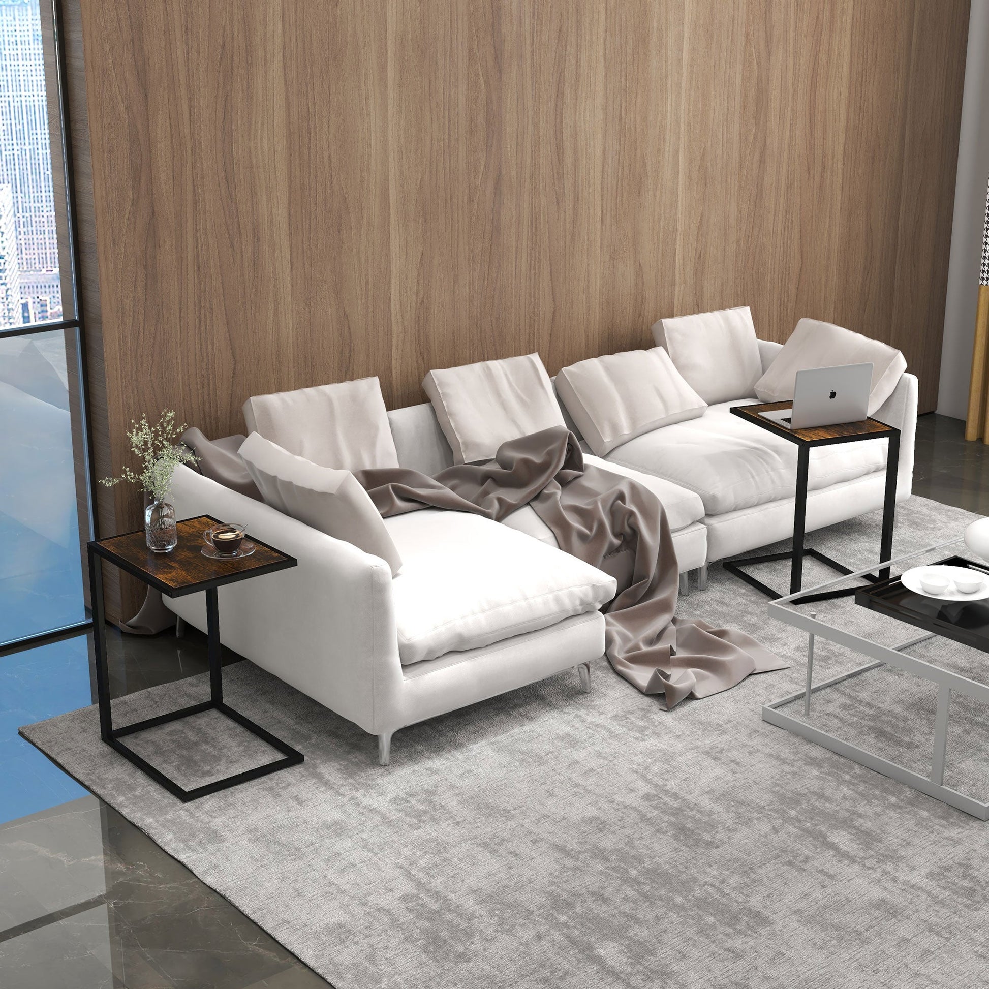 C-Shaped Side Table, Sofa End Table with Metal Frame, Accent Couch Table for Living room, Bedroom, Set of 2, Brown and Black-1