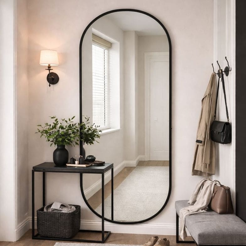 Emi - Full Length Black Metal Runway Oval Mirror - 180cm x 80cm-1