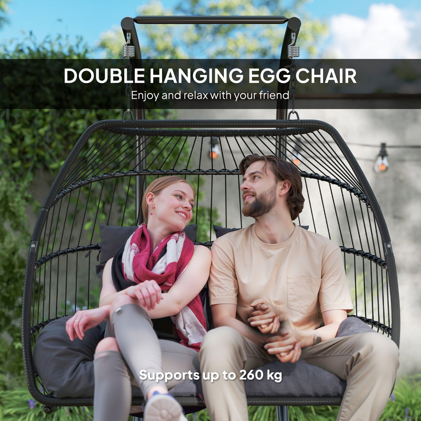 Outsunny Rattan Double Egg Chair with Stand and Cushions - Dark Grey