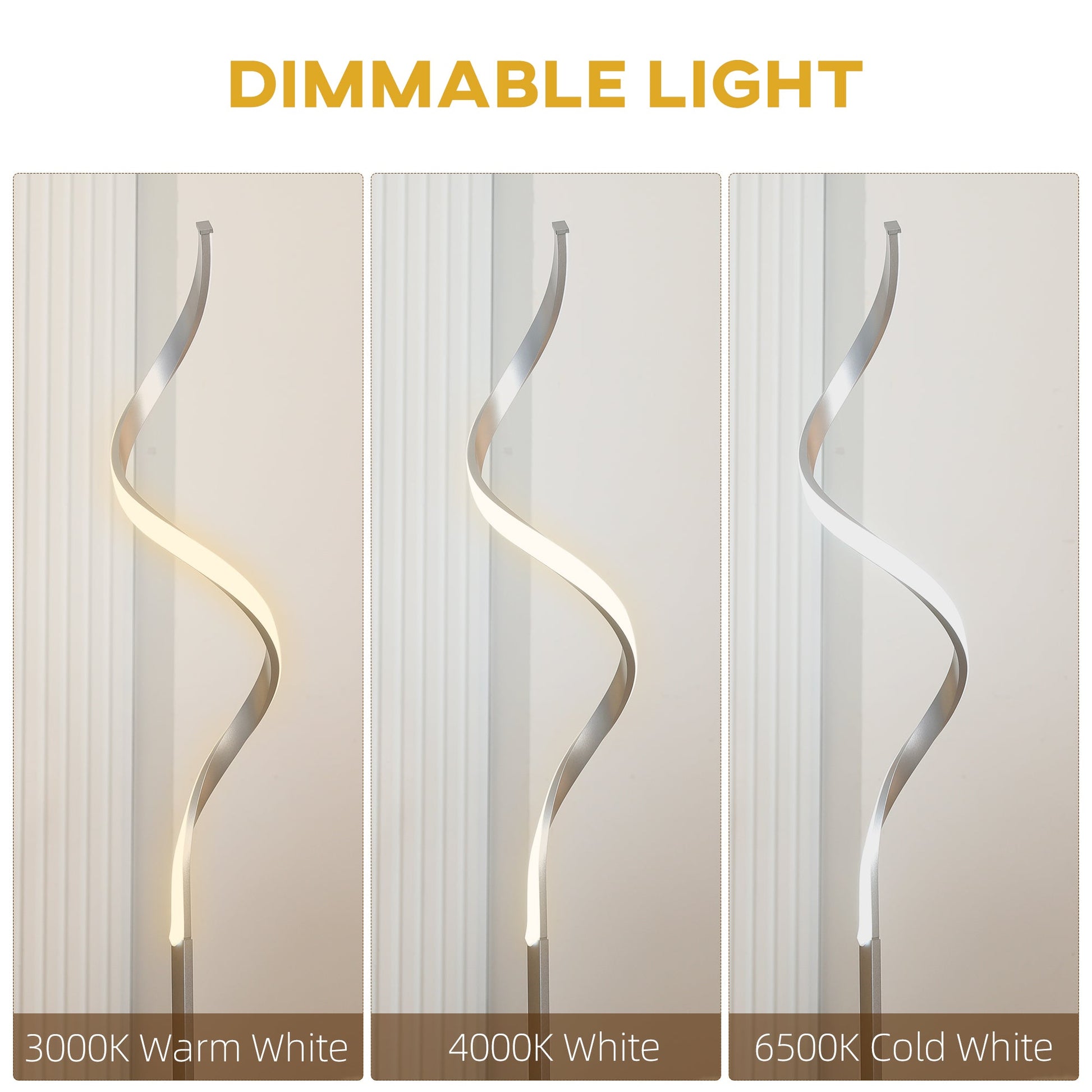 Dimmable Floor Lamp for Living Room, Modern Spiral Standing Lamp with 3 Adjustable Brightness and Square Base, Silver-4