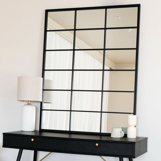 Kyō - Black Metal Rectangle Lattice Window Mirror - 120cm x 95cm-0