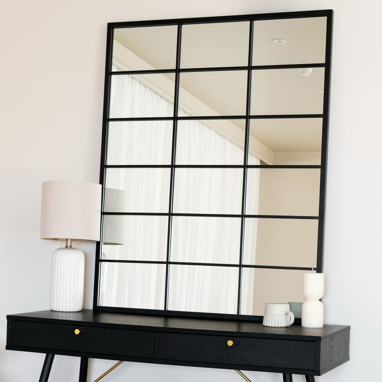 Kyō - Black Metal Rectangle Lattice Window Mirror - 120cm x 95cm-0