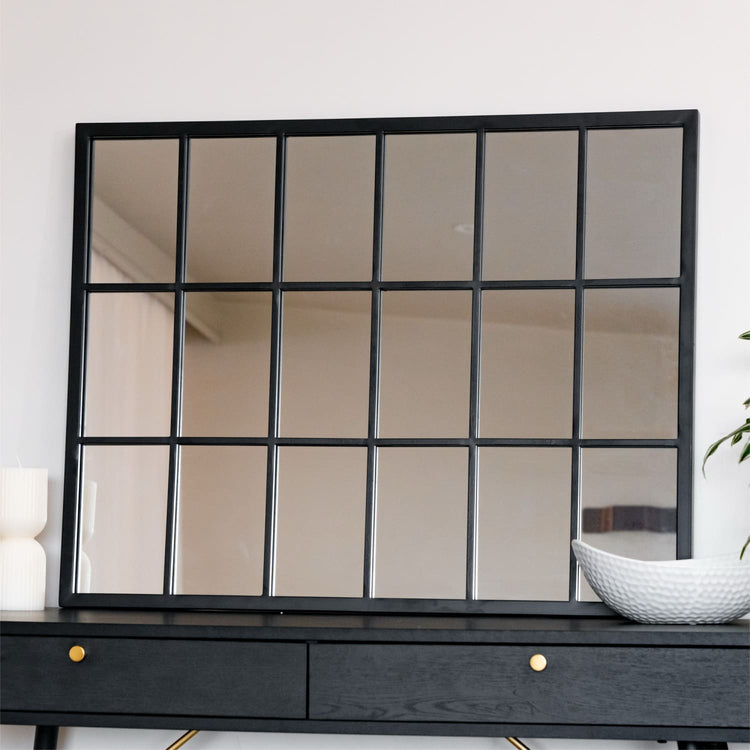 Kyō - Black Metal Rectangle Lattice Window Mirror - 90cm x 70cm-2