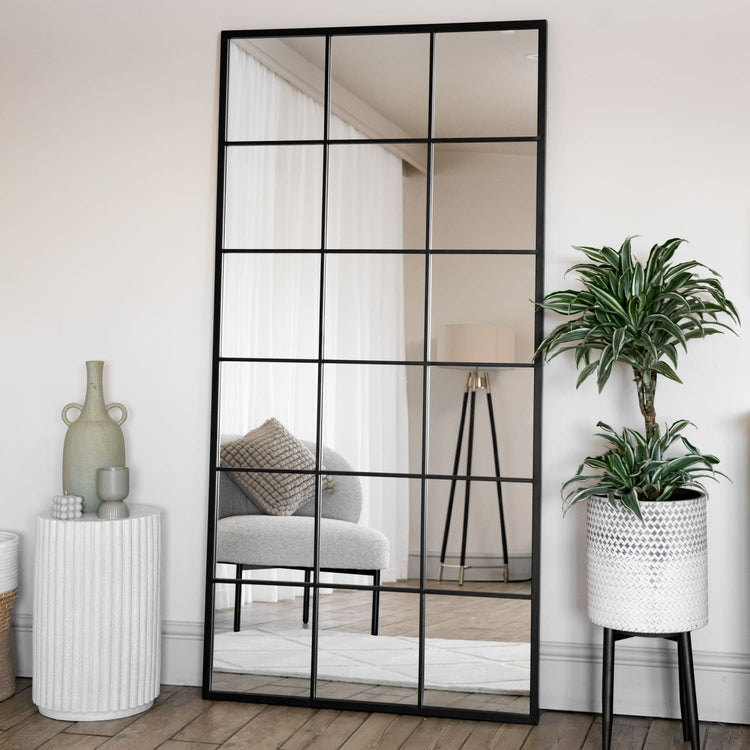 Kyō - Full Length Black Metal Rectangle Lattice Window Mirror - 180cm x 90cm-0