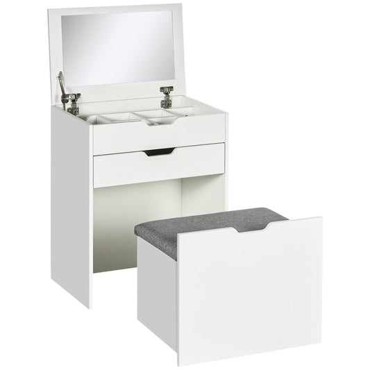 Dressing Table with Flip-up Mirror and Storage Stool, Vanity Table with Drawer and Hidden Compartments for Bedroom, Living Room, White-0