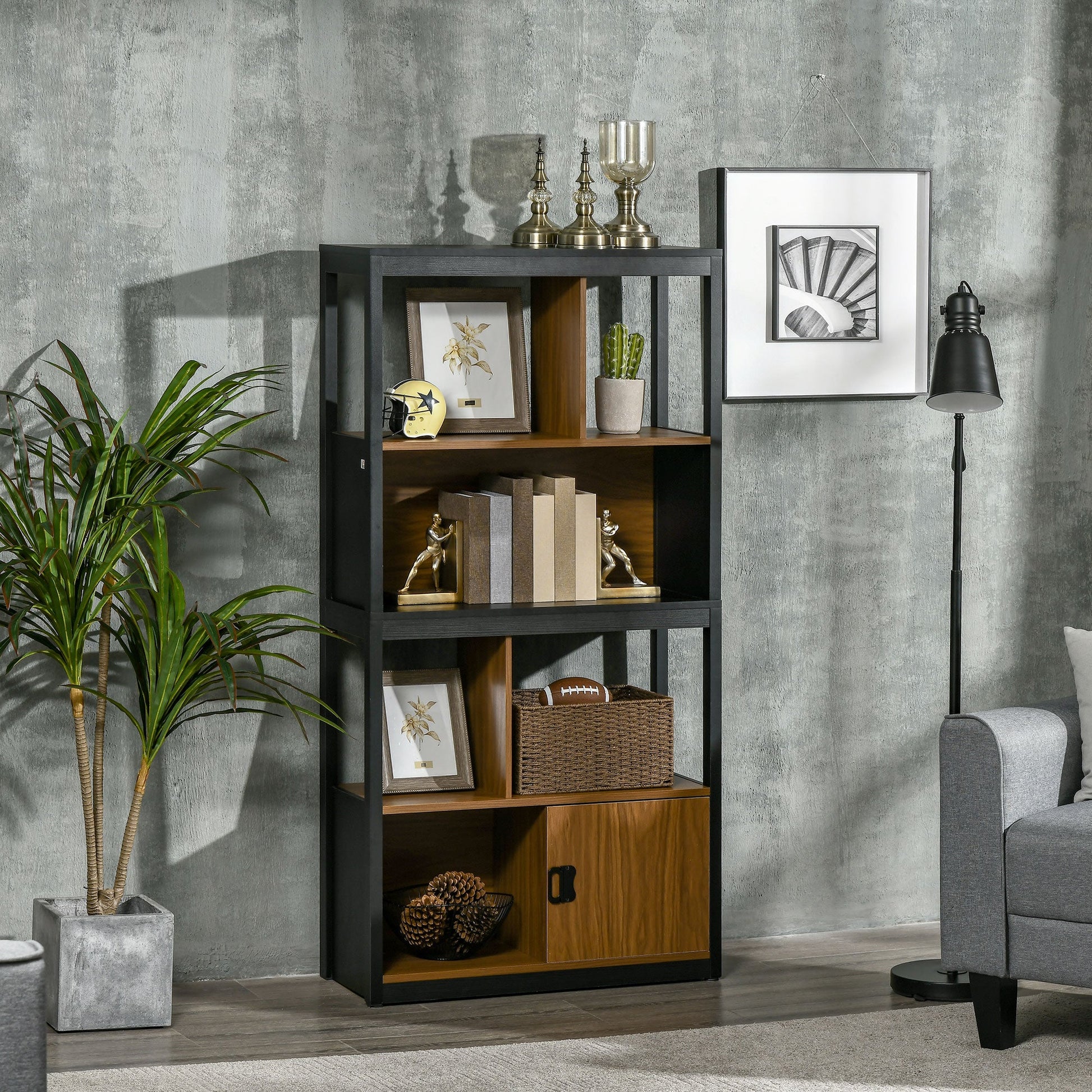 Modern 4-Tier Bookshelf, Freestanding Bookcase with Storage Shelving and Closed Cabinet, for Living Room Home Office Study, Walnut Brown-1