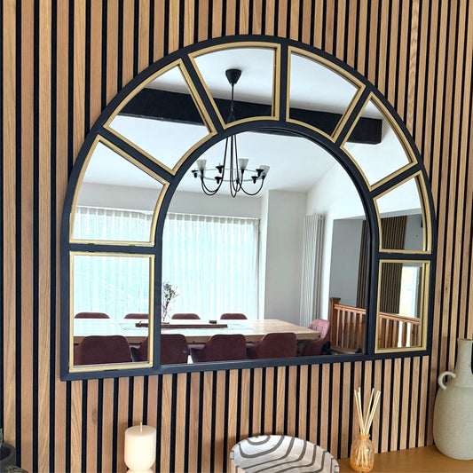 Mio - Black & Gold Metal Arched Window Mirror - 95cm x 120cm-0