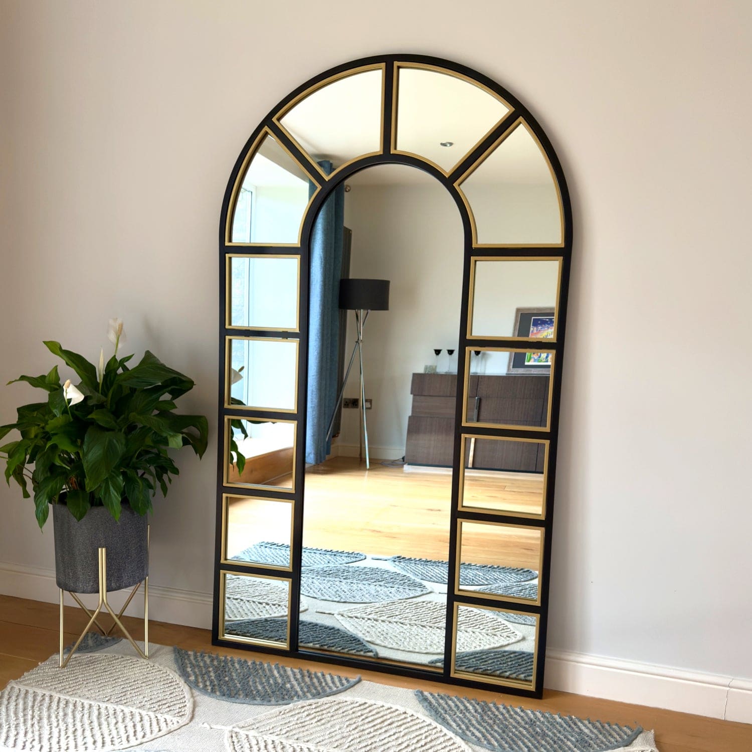 Mio - Full Length Black & Gold Metal Arched Window Mirror - 180cm x 105cm.-0