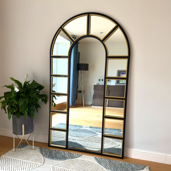 Mio - Full Length Black & Gold Metal Arched Window Mirror - 180cm x 105cm.-0