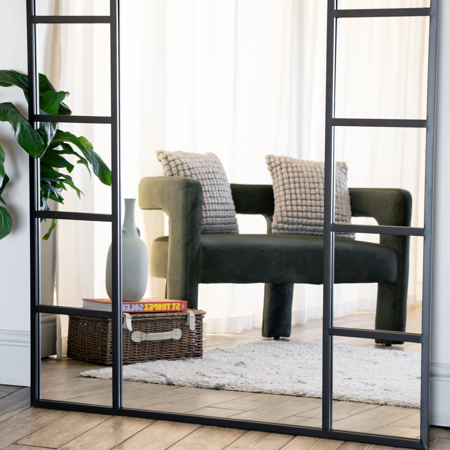 Mio - Full Length Black Metal Arched Window Mirror - 180cm x 90cm.-3