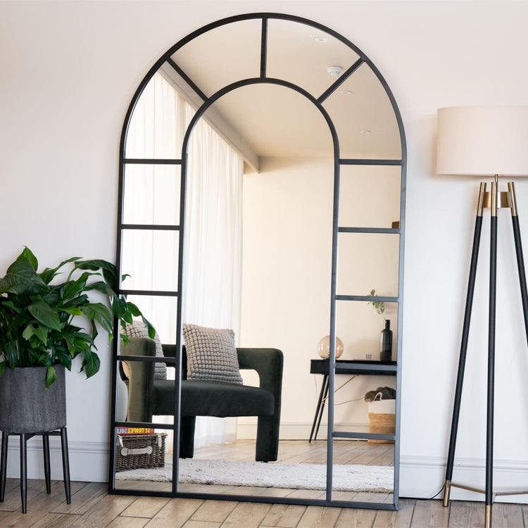 Mio - Full Length Black Metal Arched Window Mirror - 180cm x 90cm.-0