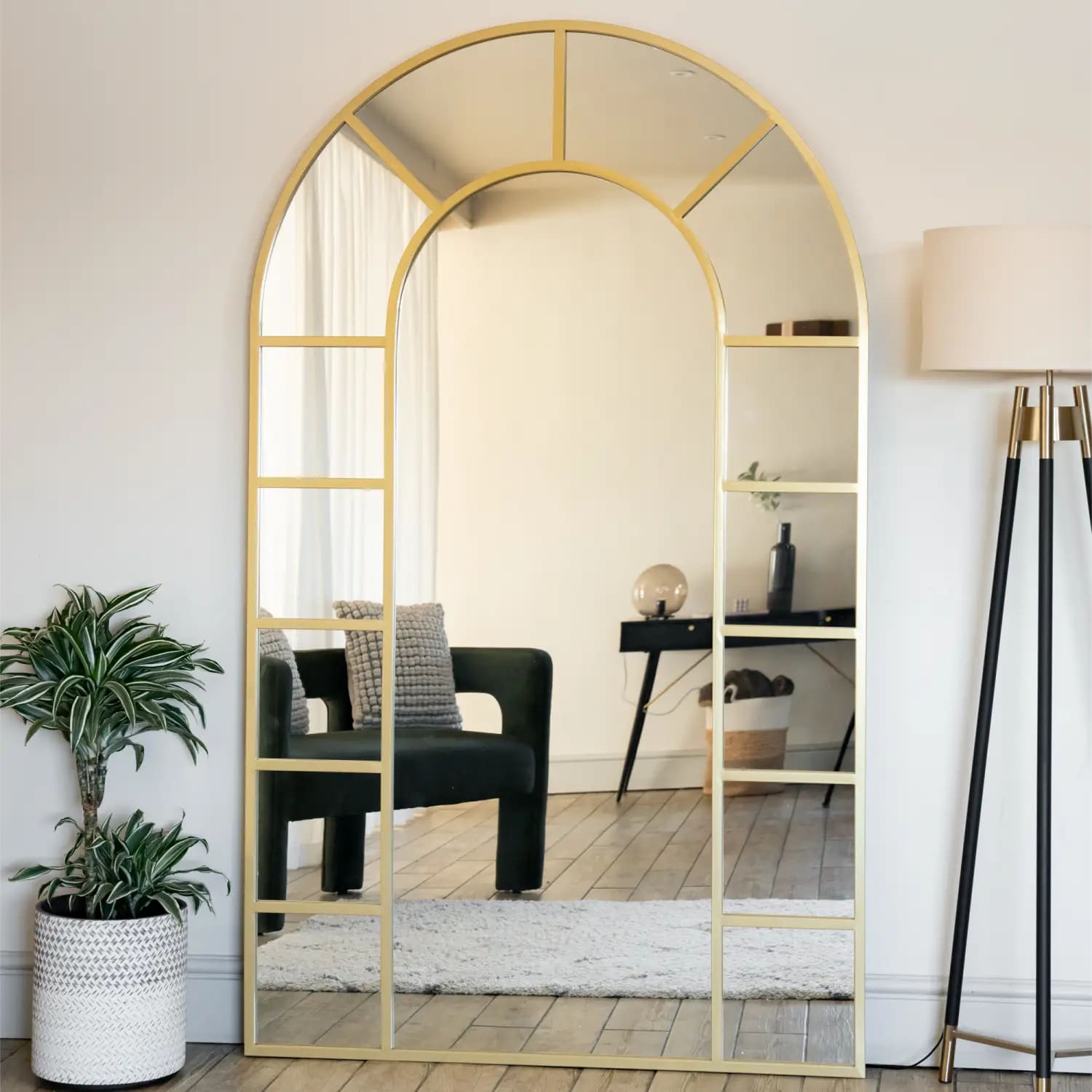 Mio - Full Length Gold Metal Arched Window Mirror - 180cm x 90cm.-0
