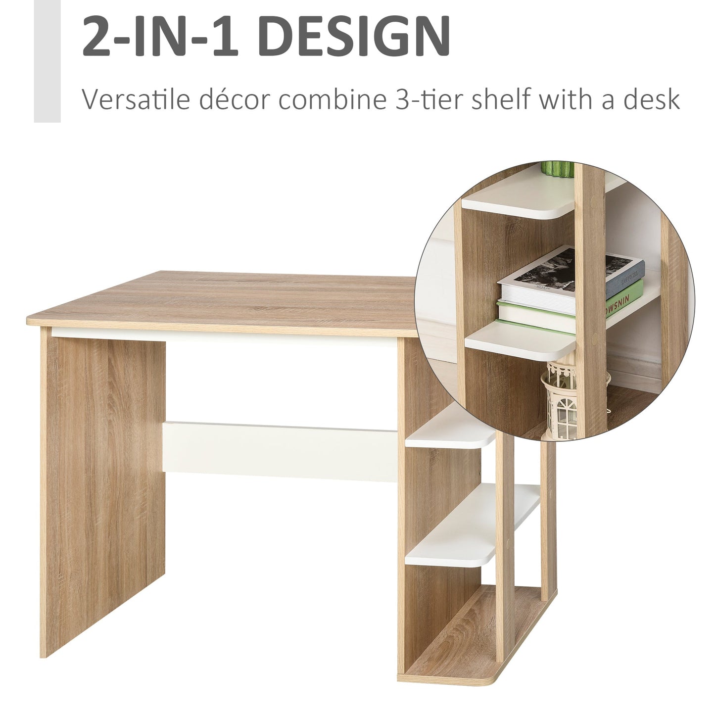 Computer Desk & 3-Tier Side Shelves Wide Table Top Home furniture OAK-3