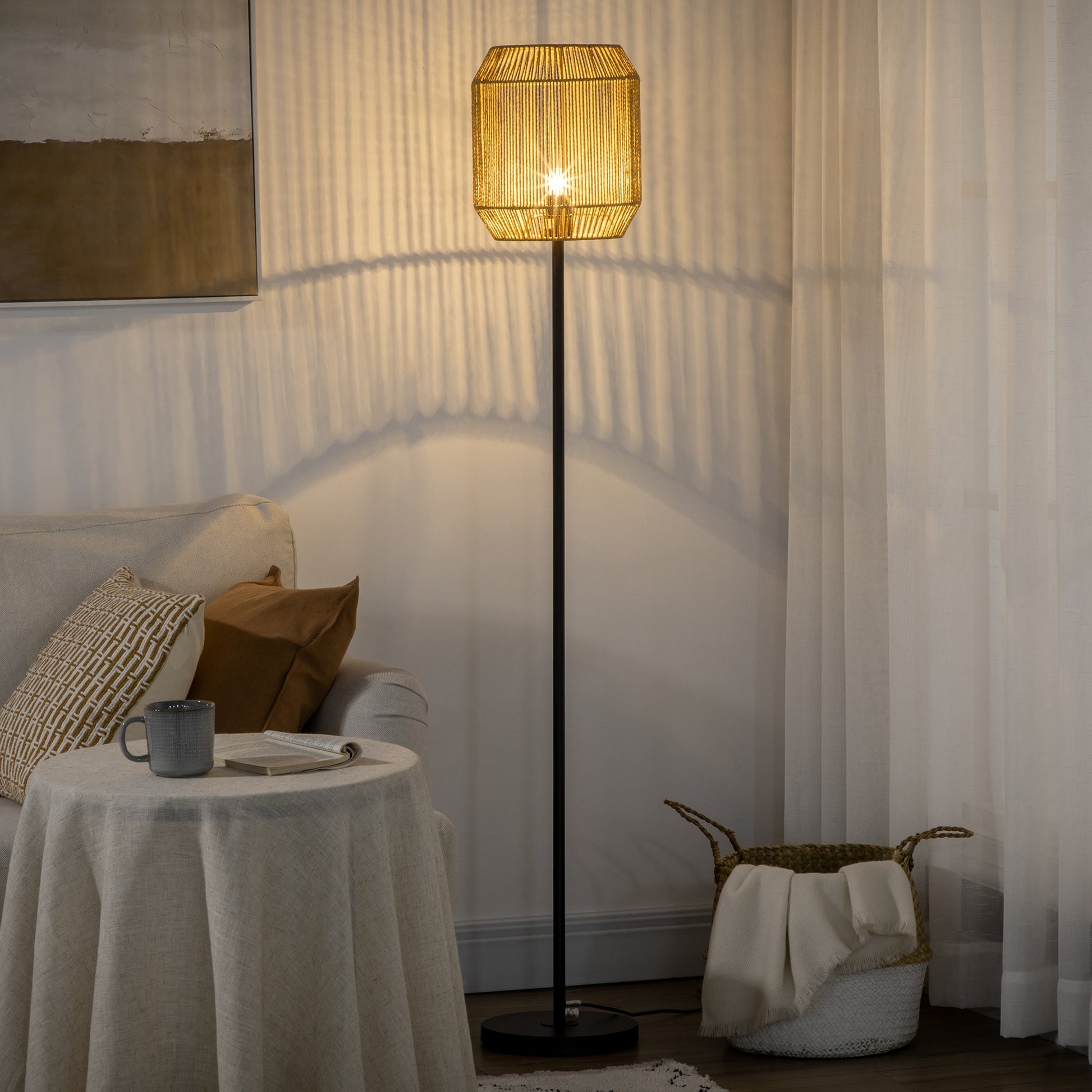 Farmhouse Standing Lamp, Floor Lamps with Hand Woven Rattan Lampshade for Living Room-1