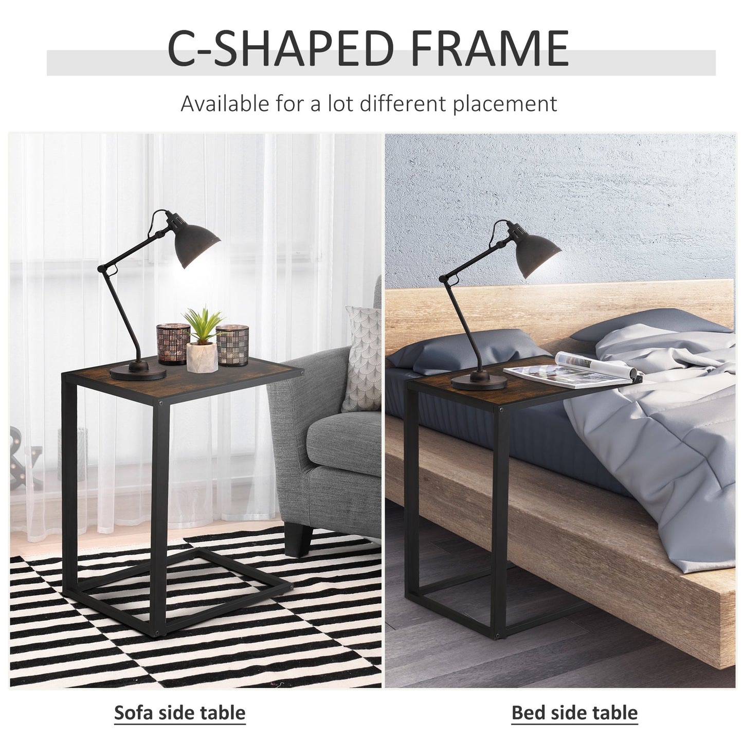 C-Shaped Side Table, Sofa End Table with Metal Frame, Accent Couch Table for Living room, Bedroom, Set of 2, Brown and Black-4