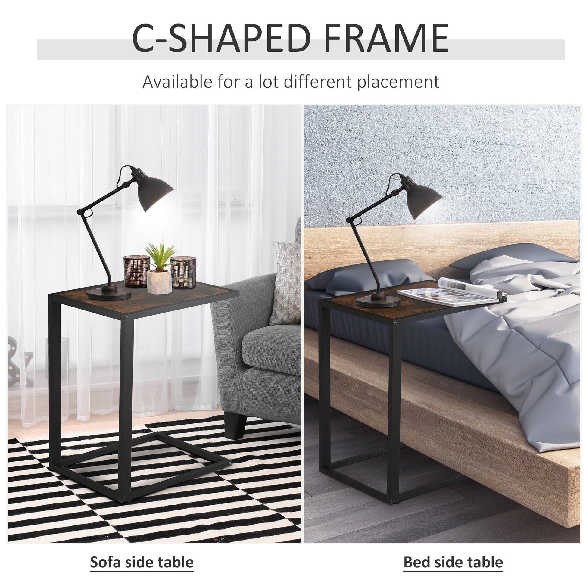 C-Shaped Side Table, Sofa End Table with Metal Frame, Accent Couch Table for Living room, Bedroom, Set of 2, Brown and Black-4
