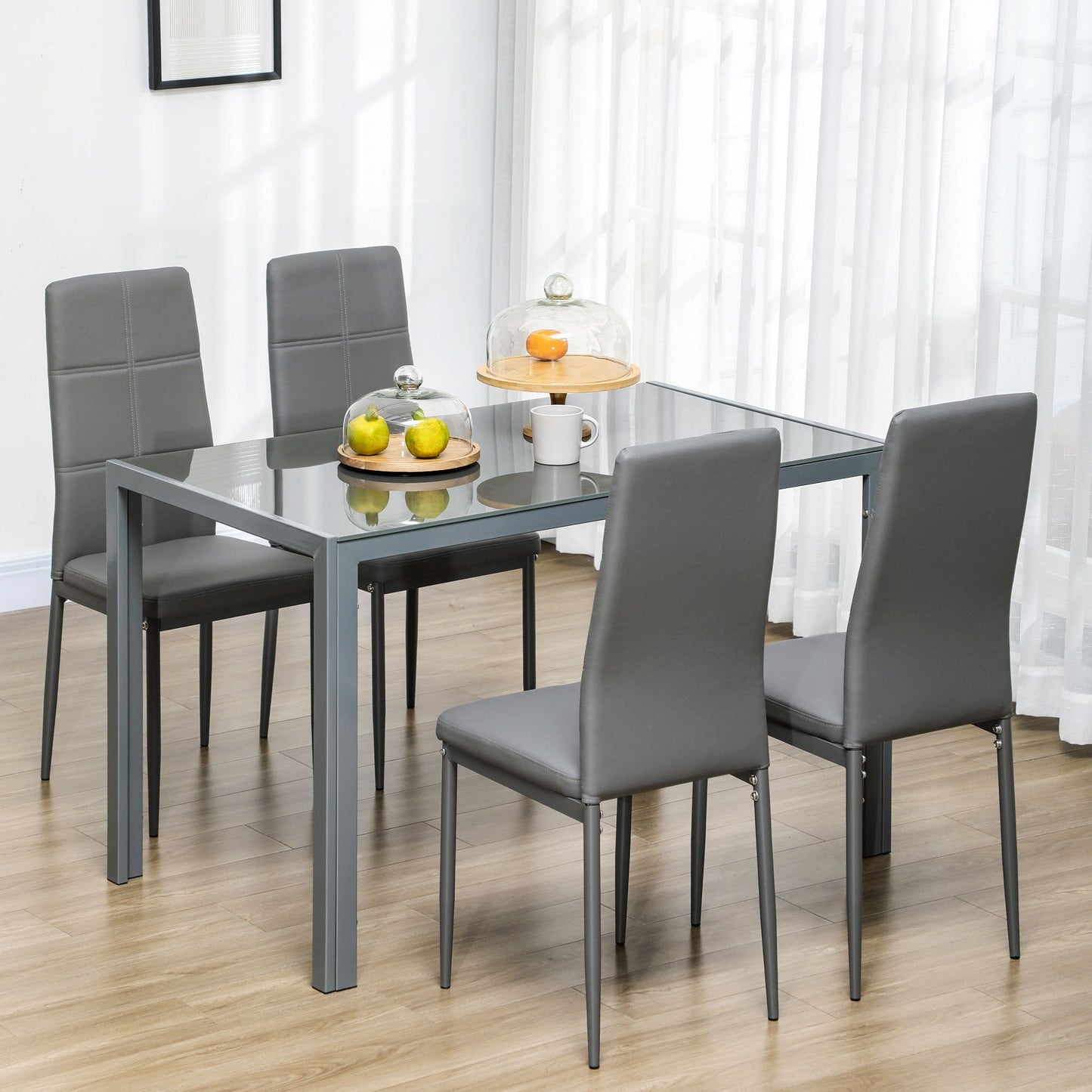 5-Piece Kitchen Dining Table Set with 4 Faux Leather Metal Frame Chairs Glass Tabletop Desk for Dining Room, Kitchen, Dinette, Grey-1