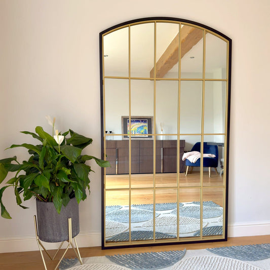 Tomi - Full Length Black & Gold Metal Arched Lattice Window Mirror - 180cm x 105cm-0
