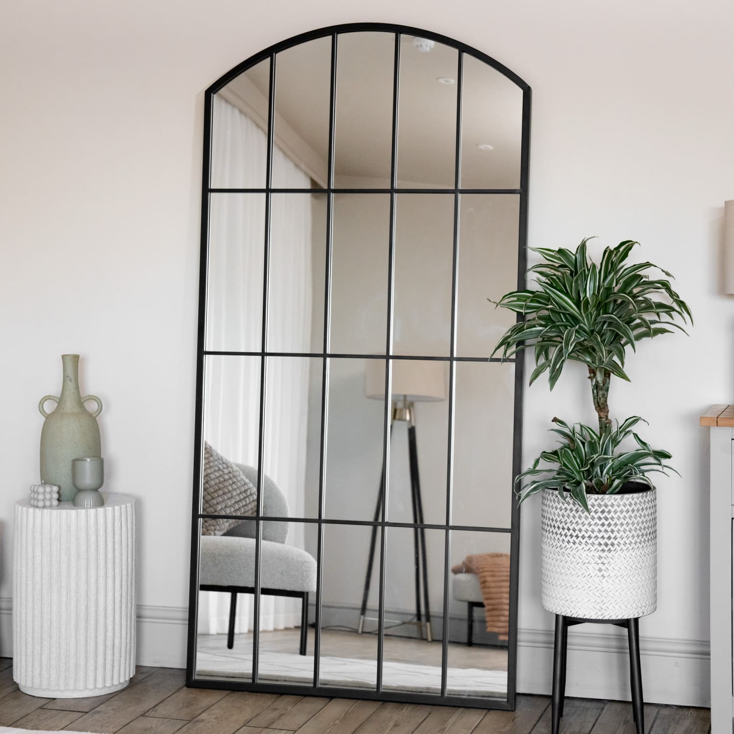 Tomi - Full Length Black Metal Arched Lattice Window Mirror - 150cm x 60cm.-0