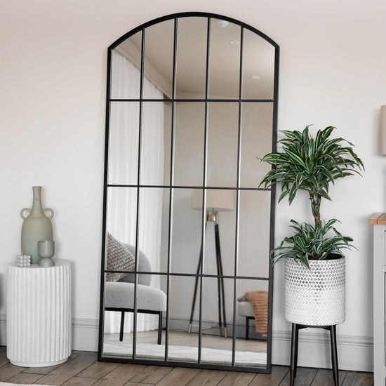Tomi - Full Length Black Metal Arched Lattice Window Mirror - 150cm x 60cm.-0