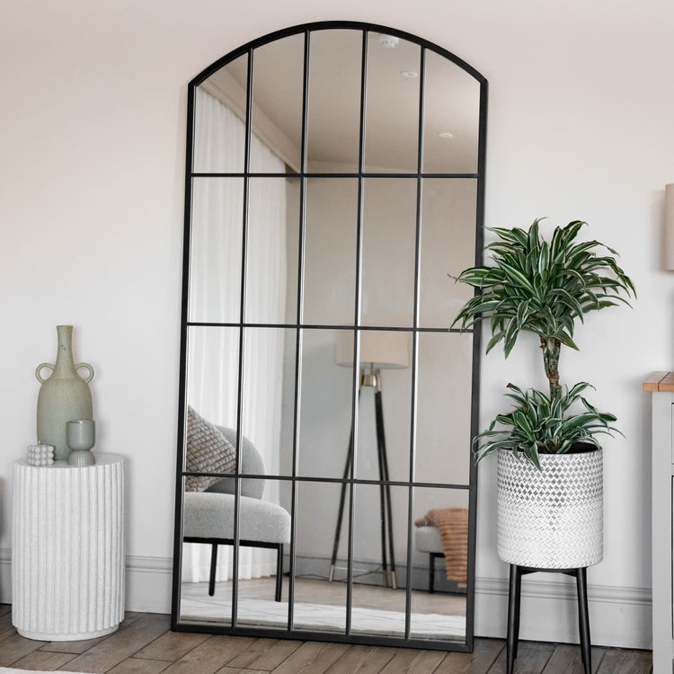 Tomi - Full Length Black Metal Arched Lattice Window Mirror - 150cm x 60cm.-0