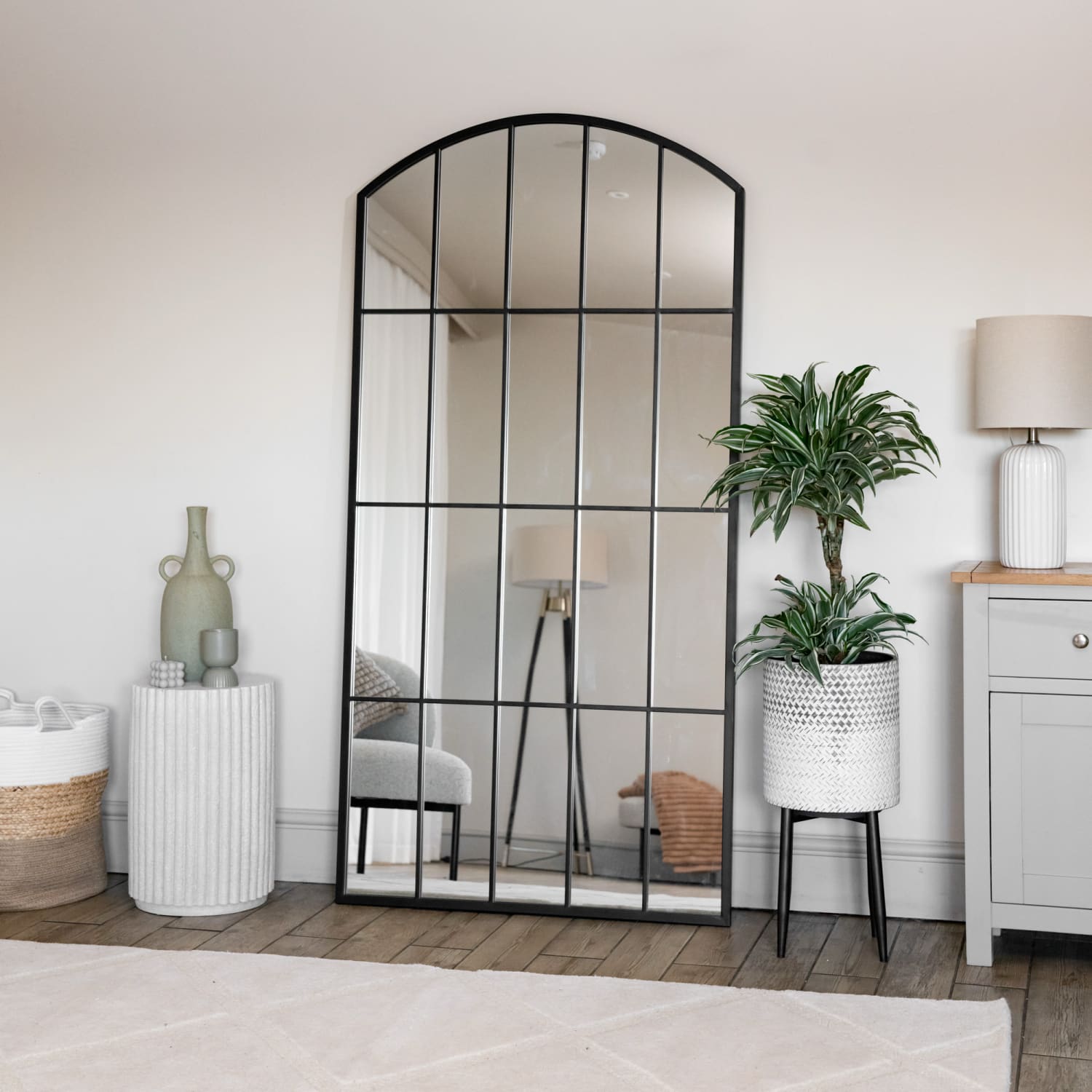Tomi - Full Length Black Metal Arched Lattice Window Mirror - 150cm x 60cm.-3