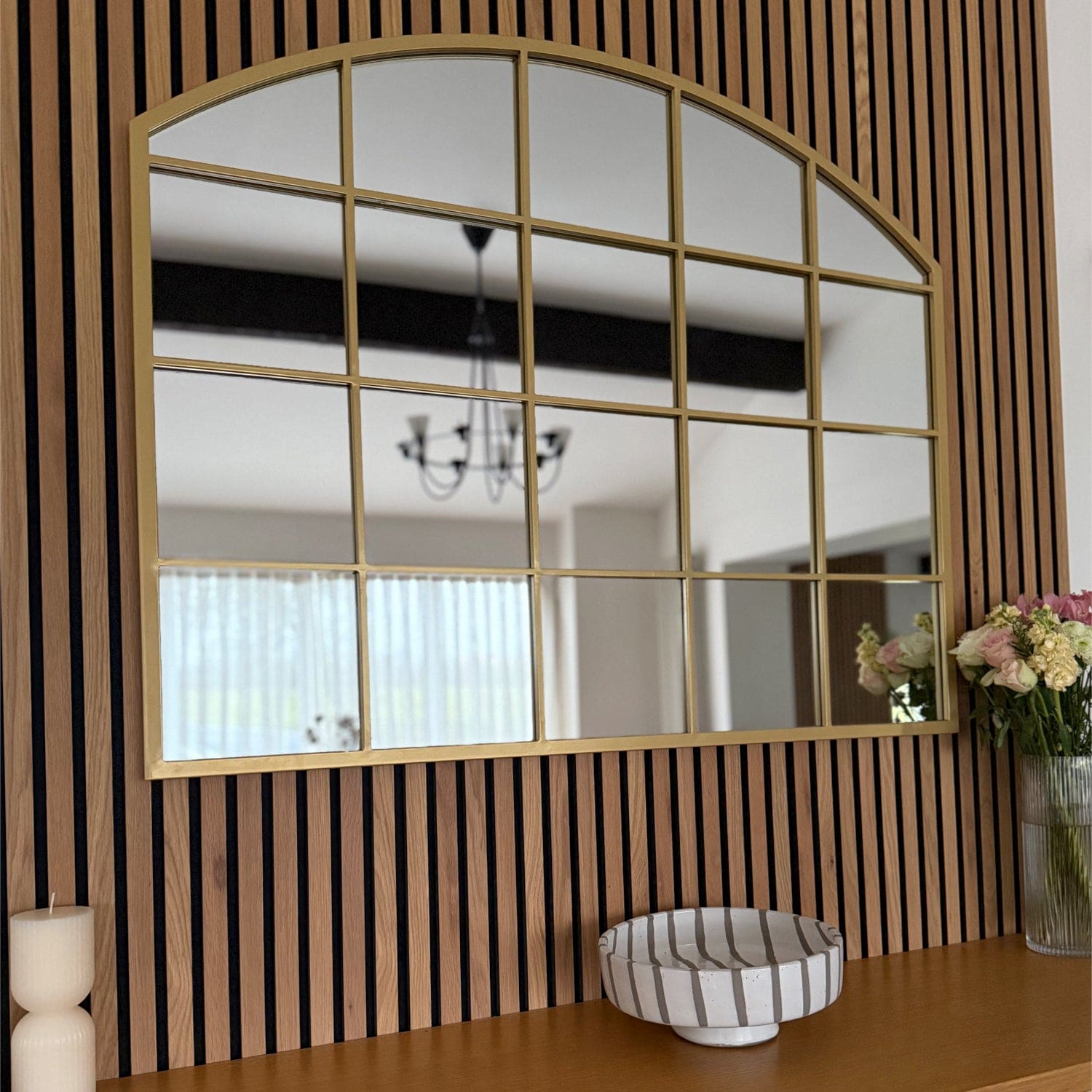 Tomi - Gold Metal Arched Lattice Window Mirror - 95cm x 120cm.-0
