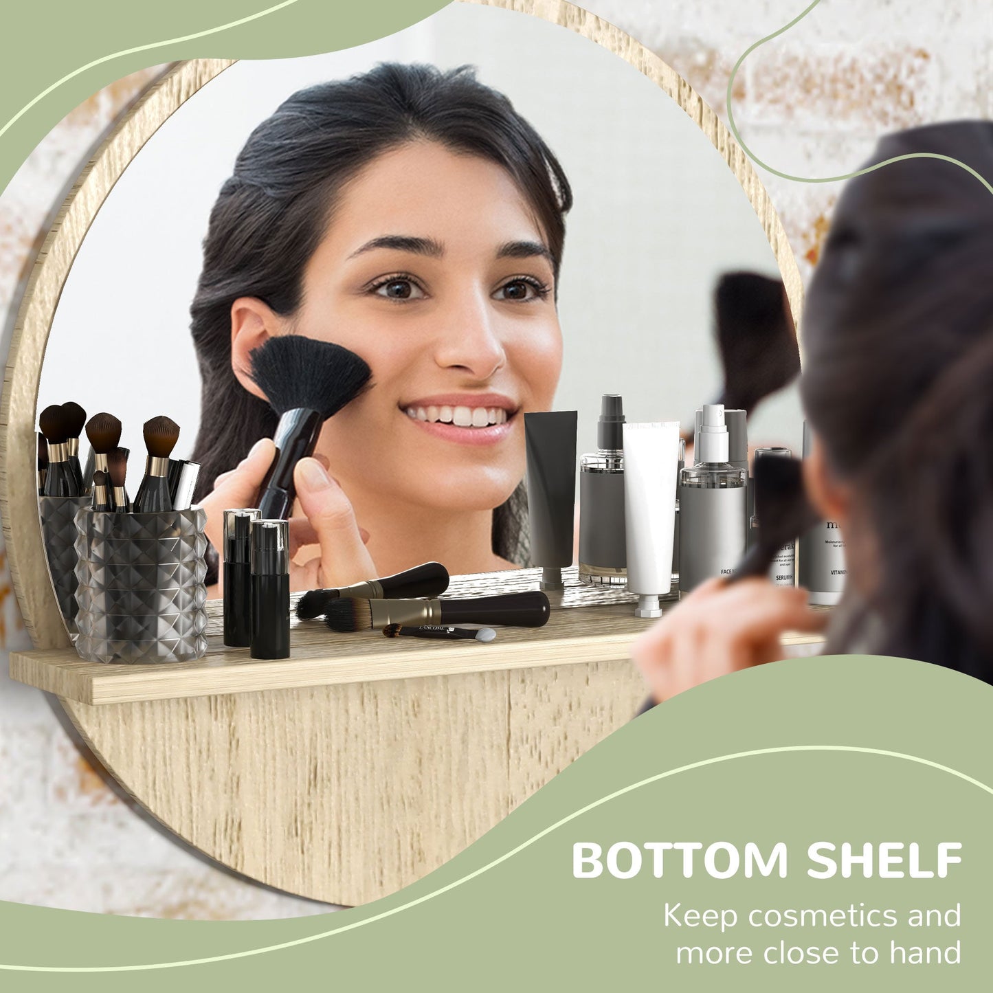 Round Wall Mounted Bathroom Mirror with Shelf for Easy Makeup - Natural Wood Effect-3