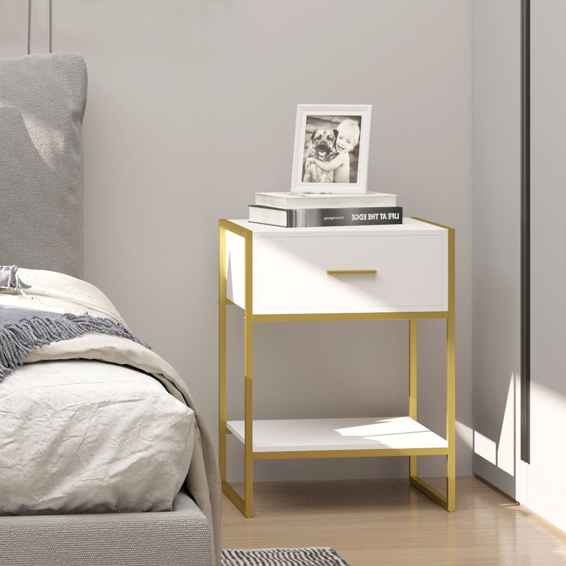 Modern Bedside Table with Drawer and Shelf - White and Gold-1