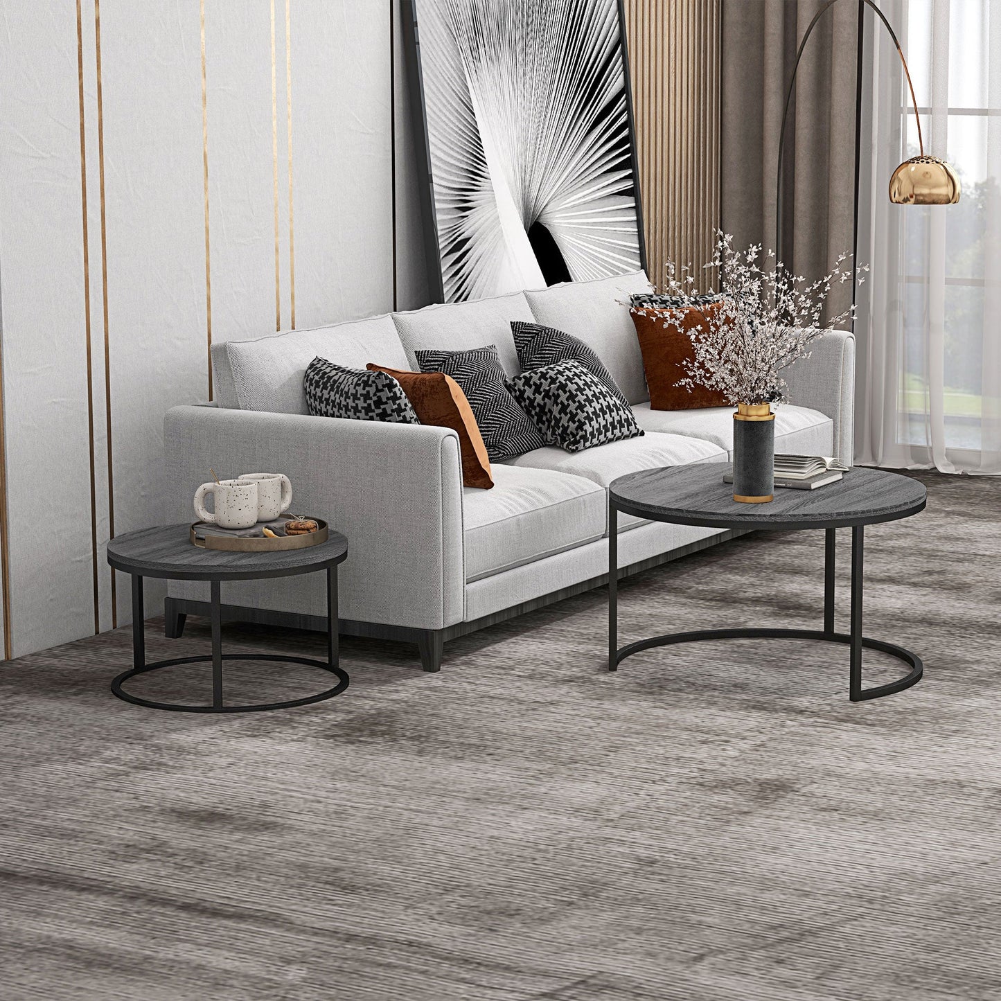 Set of Two Marble-Effect Stacking Tables - Wood Grey-1