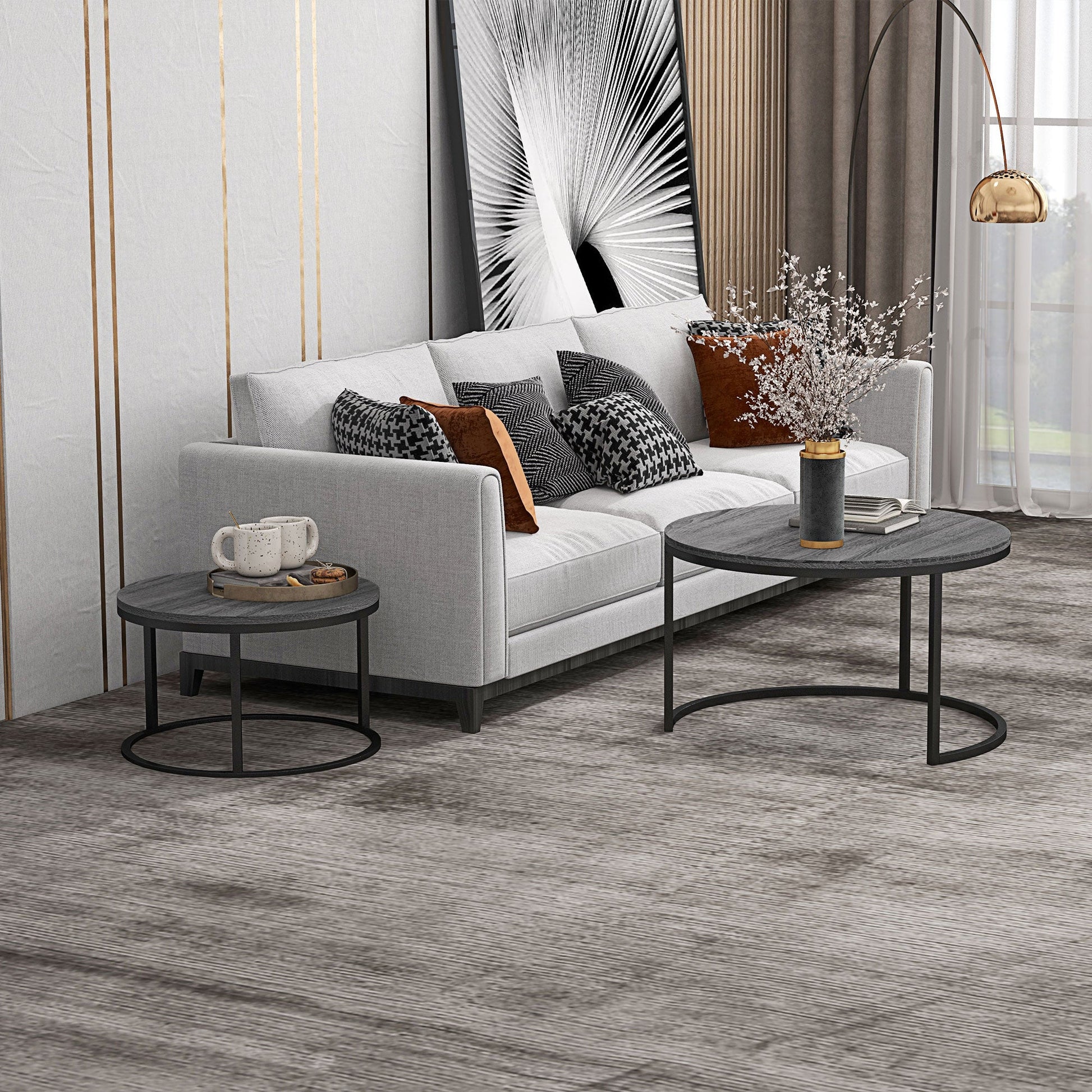 Set of Two Marble-Effect Stacking Tables - Wood Grey-1